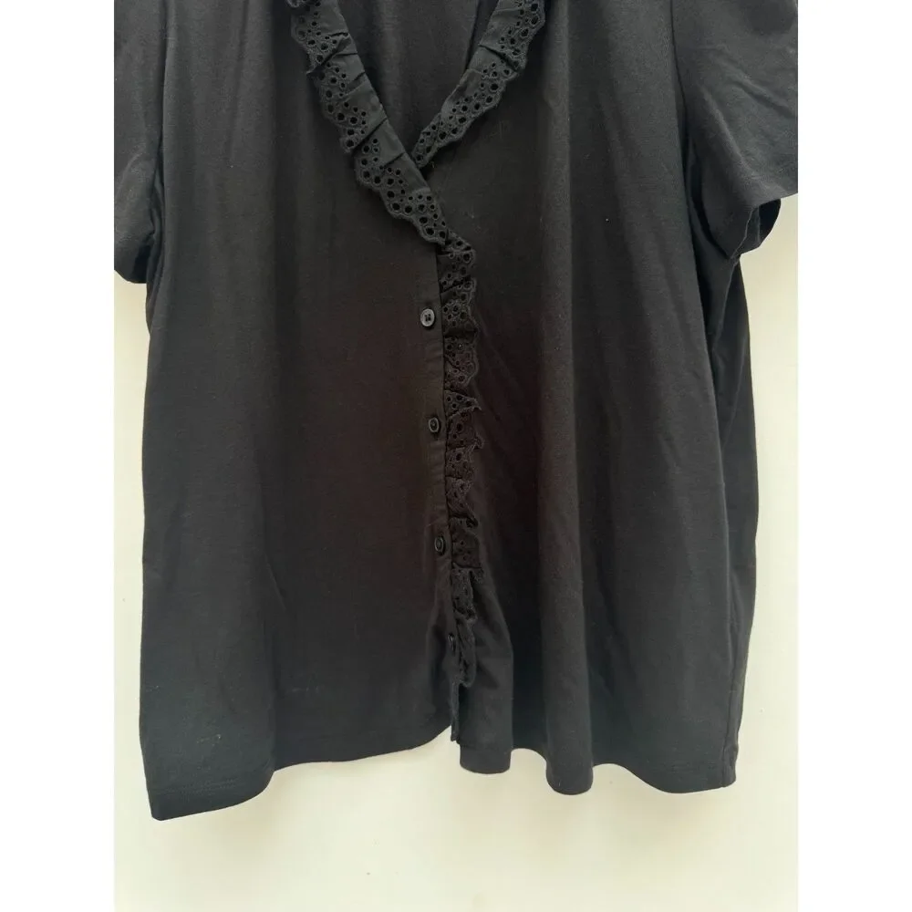 Boden Black Lace Trim Detail Top V-Neck Short Sleeve Size US 10 UK 14